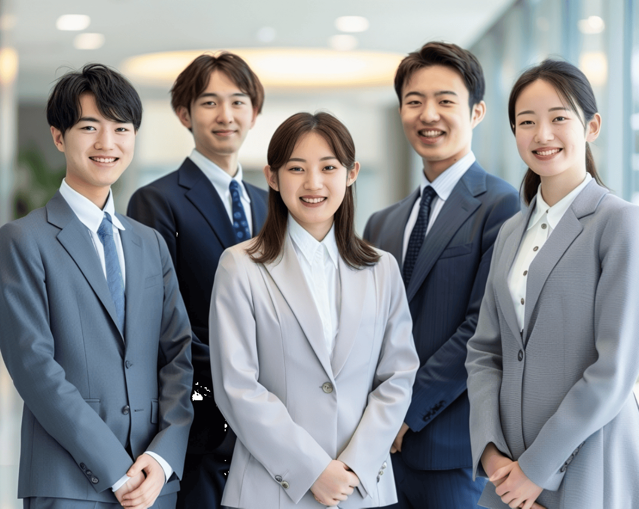 男性社員3名、女性社員2名がこちらに向かって微笑んでいる